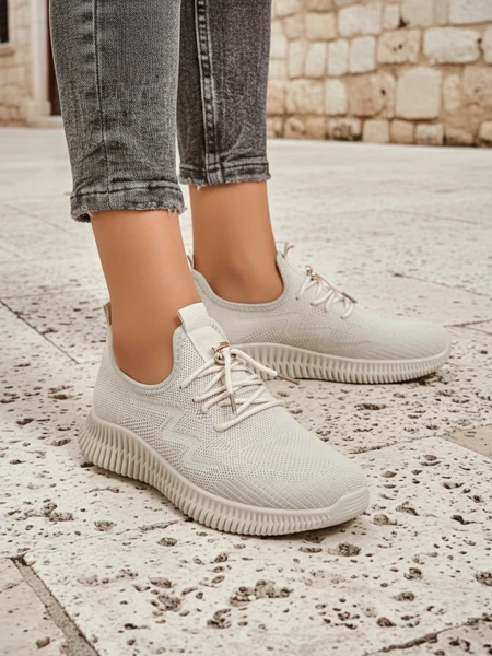 Aurelia Beige Royalfashion – Women's Beige Fabric Lace-up Sneakers