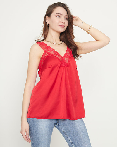 Women's red t-shirt with lace straps - Clothing