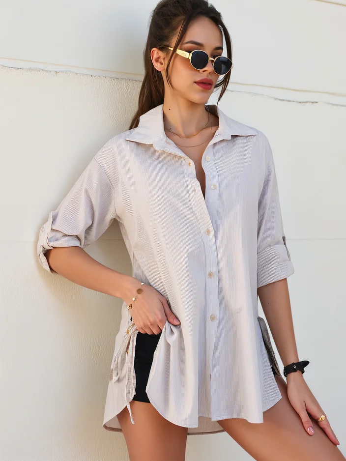 Royalfashion Longer women's striped cotton shirt with a tie at the waist