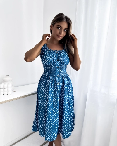 Women's knee-length dress with print in blue- Clothing