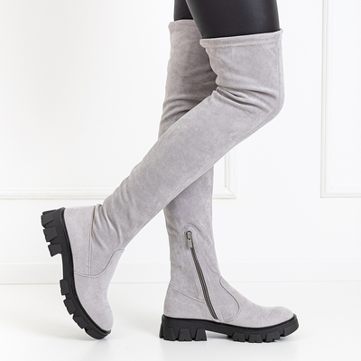 Eko - zamšādas pelēki plakani pāri ceļgaliem zābaki Engi- Footwear