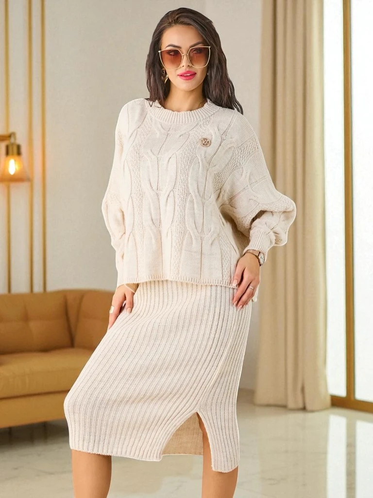 Royalfashion Acrylic braided women's set with sweater and skirt Warm&Fuzzy