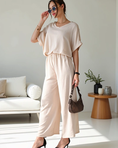 Royalfashion Sieviešu ikdienas komplekts ar īsām piedurknēm un platām biksēm