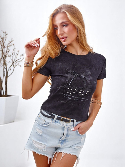 Royalfashion Women's cotton t-shirt with rhinestones and a bow