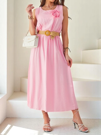 Royalfashion Women's midi dress with straps, featuring a round neckline with a decorative flower