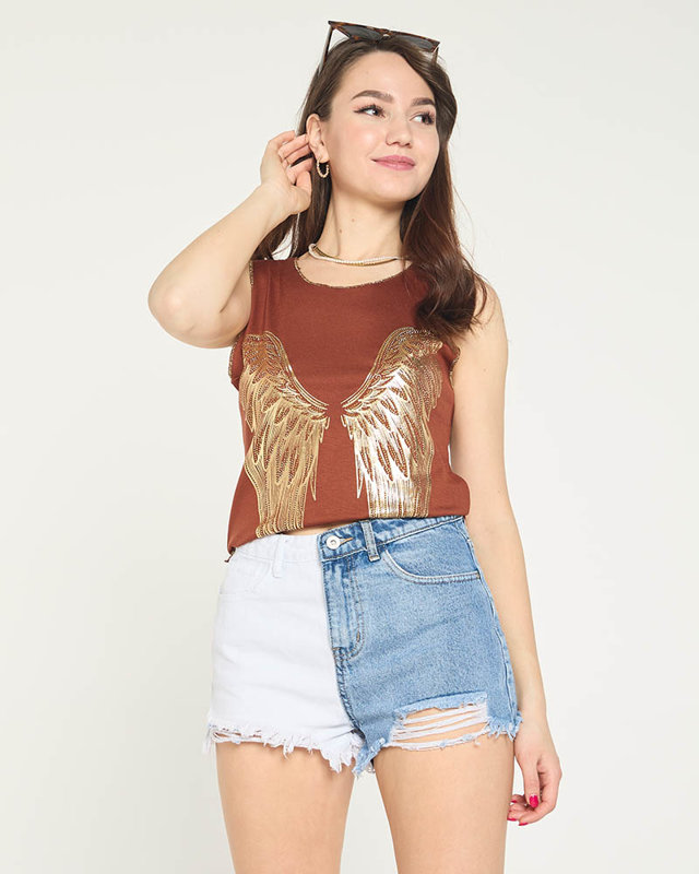 Brown ladies top with golden wings print - Clothing
