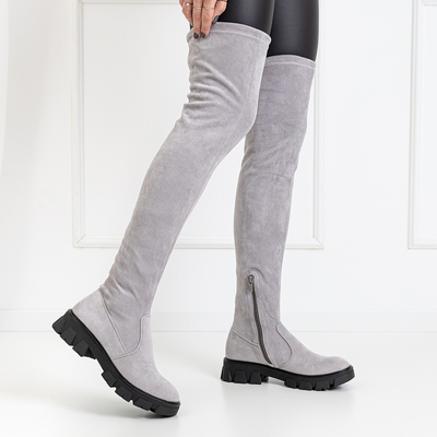 Eko - zamšādas pelēki plakani pāri ceļgaliem zābaki Engi- Footwear