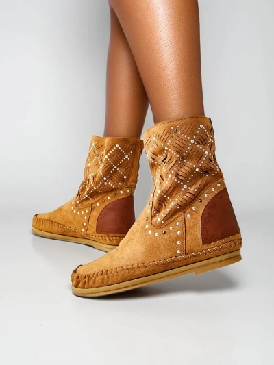 Royalfashion Women's ankle boots with low wedge and studs Indian Style