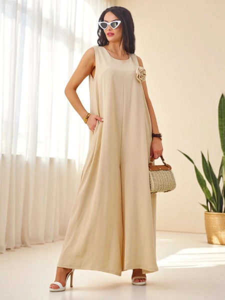 Royalfashion Вискозный комбинезон на длинных бретелях с широкими штанами