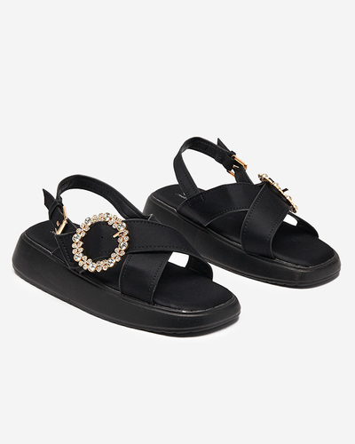 Black fabric women's sandals on a flat sole with cubic zirconia Senire - Footwear