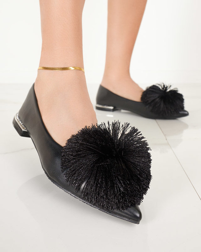 Black women's ballerinas with a pompom and cubic zirconia Hesino - Footwear