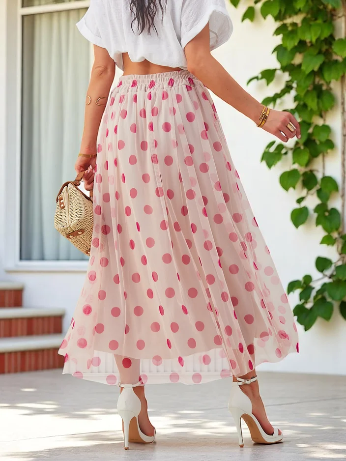 Royalfashion Women's viscose midi skirt with polka dot tulle