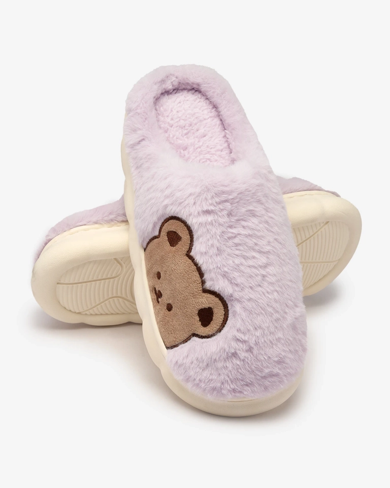 Royalfashion Women's fur slippers with teddy bear in purple Fetemes