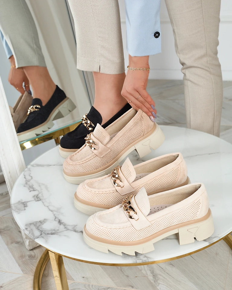 Eco-suede moccasins with gold decoration in light brown Zaffix- Footwear