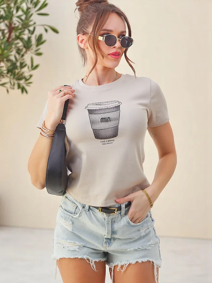 Royalfashion Sieviešu kokvilnas T-krekls ar rhinestone apdruku