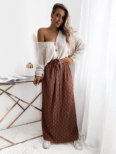 Brown women's pleated patterned maxi skirt - Clothing