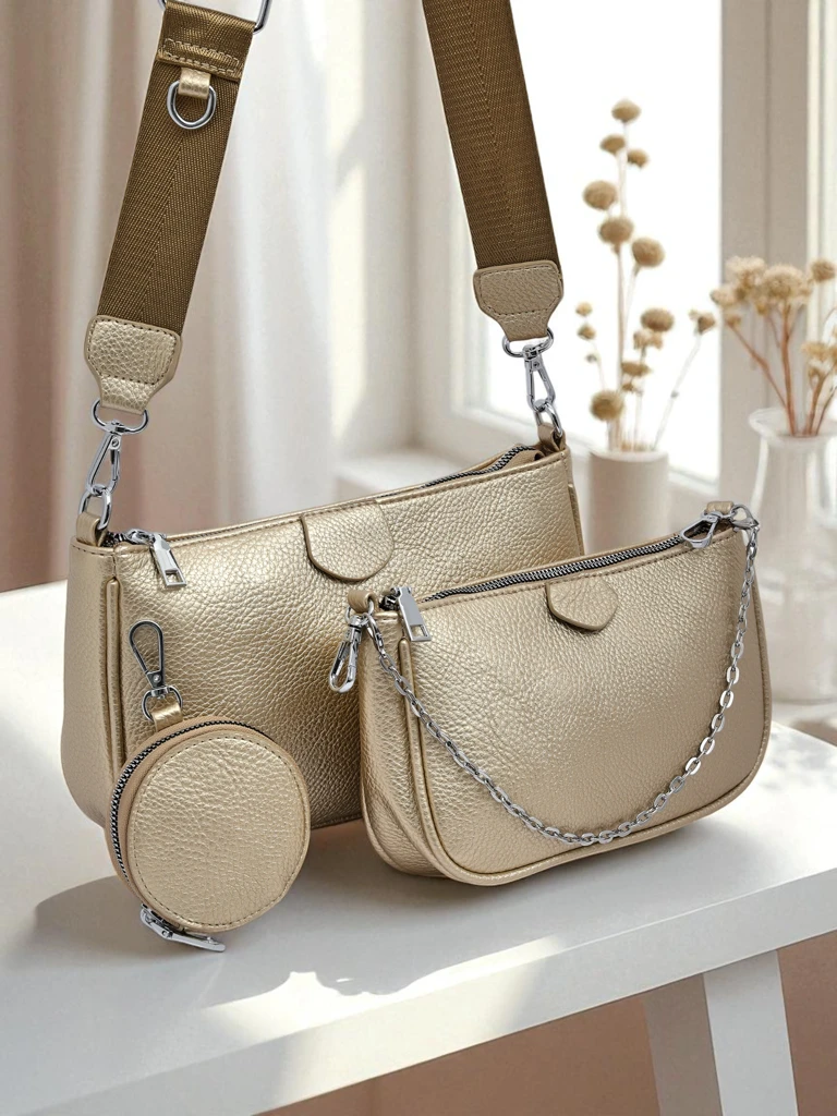 Golden Calista Multi Eco-Leather Handbag with Chain and Pouch