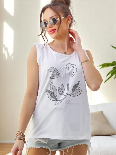 Royalfashion kokvilnas sieviešu topiņš ar rhinestones ZIEDI