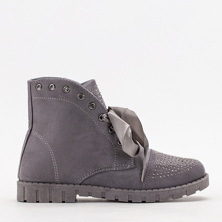 Grey women's boots with zircons laced with ribbon Segadi - Footwear