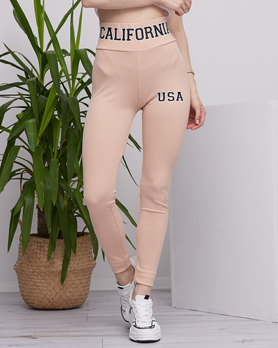 Beige women's ribbed leggings with inscriptions - Clothing
