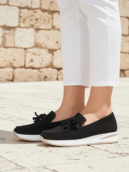 Женские лоферы Aelia черные из замшевой экологической кожи на платформе 4 см