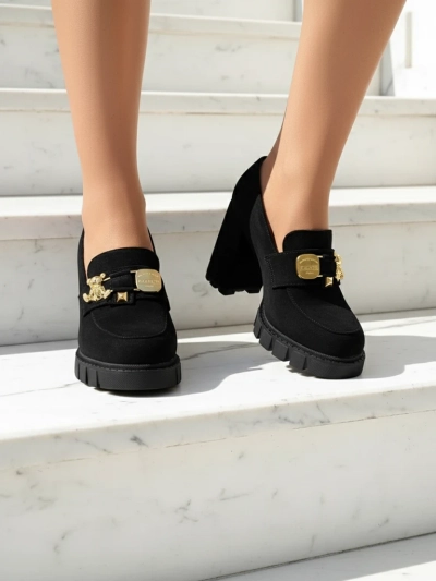 Потрясающие черные туфли на устойчивом каблуке из замши, элегантные и модные