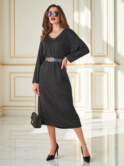 Penelope nero midi dress with long sleeves in small polka dots, elegant