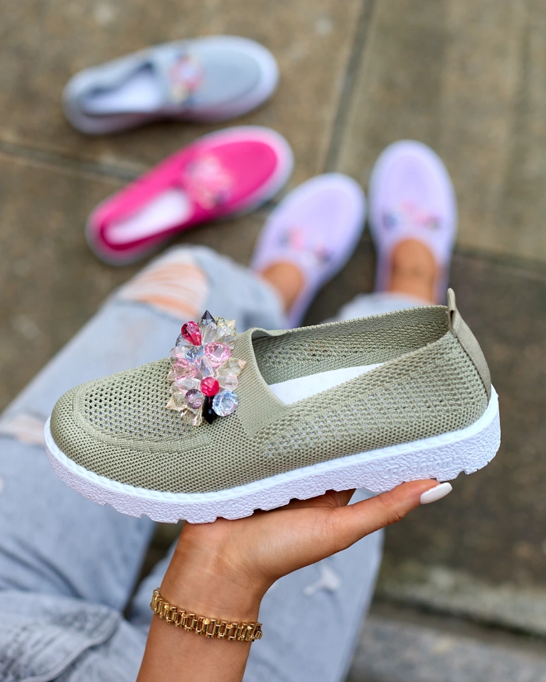 Royalfashion Khaki women's fabric moccasins with crystals Fezens