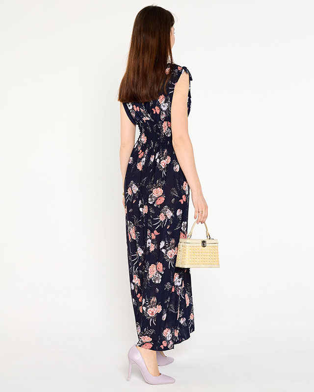 Navy blue women's maxi dress with flowers - Clothing