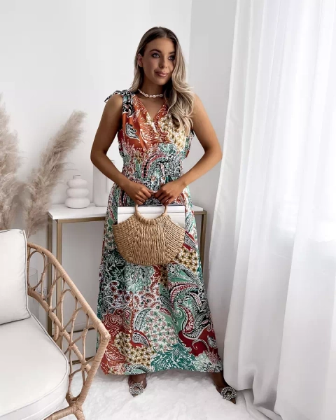 Sieviešu midi kleita zaļā un oranžā krāsā ar rakstu Apģērbs