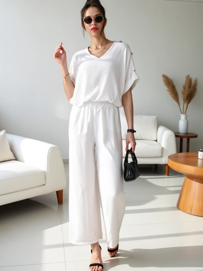 Royalfashion Women's casual set with a short-sleeve blouse and wide trousers