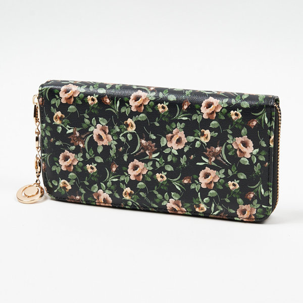 Large black women's wallet with a floral pattern - Accessories