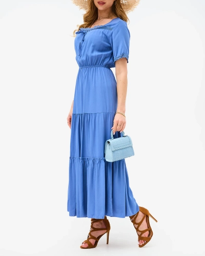 Blue long women's dress with short sleeves- Clothing