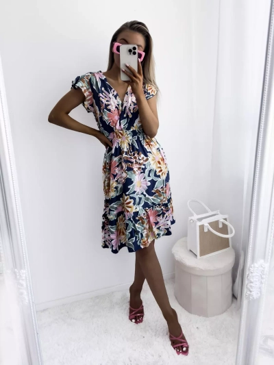 Women's navy blue mini dress with floral print - Clothing