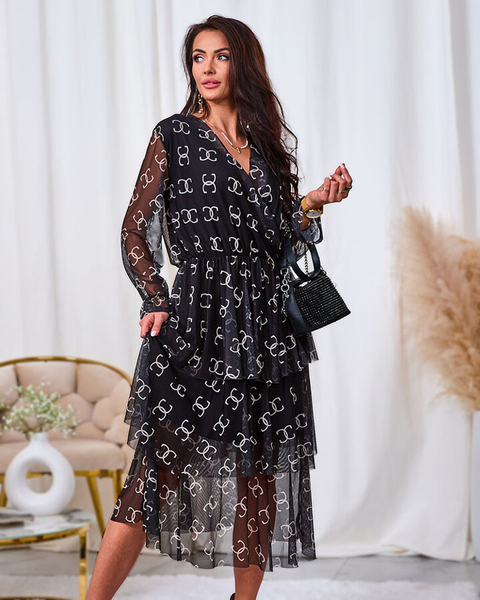 Royalfashion Melna sieta midi kleita ar apdruku