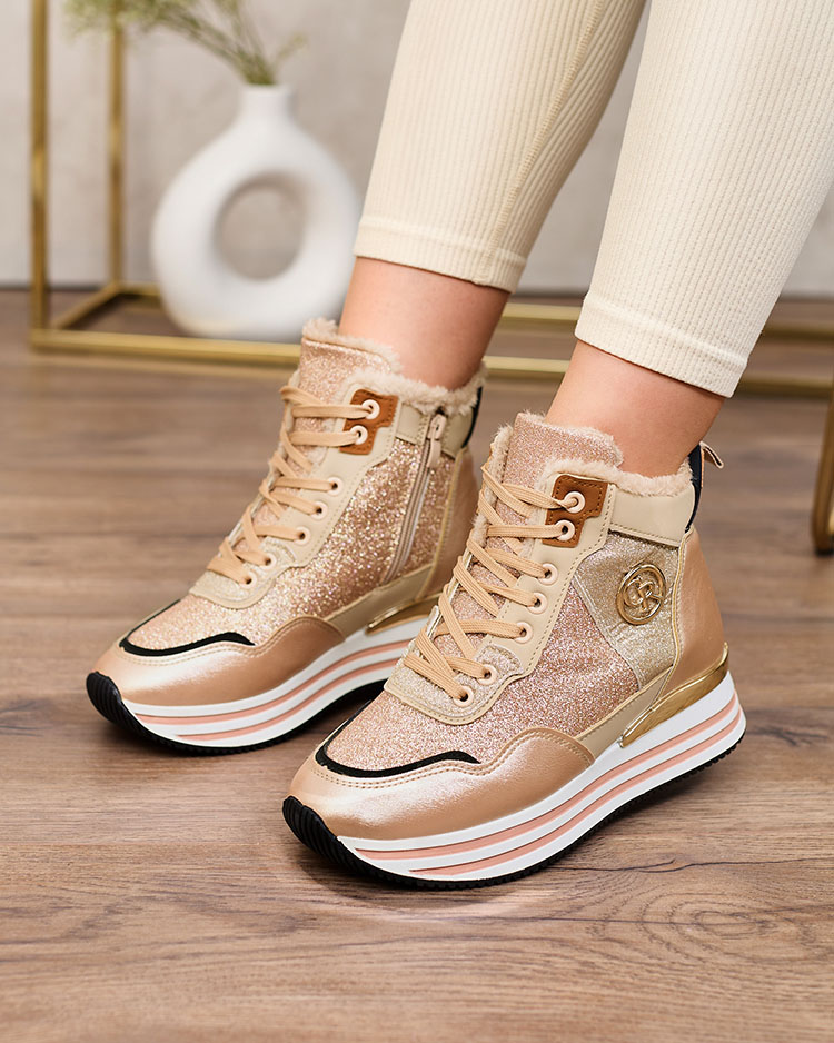 Royalfashion Women's sporty gold and pink sneakers with glitter Kawellas