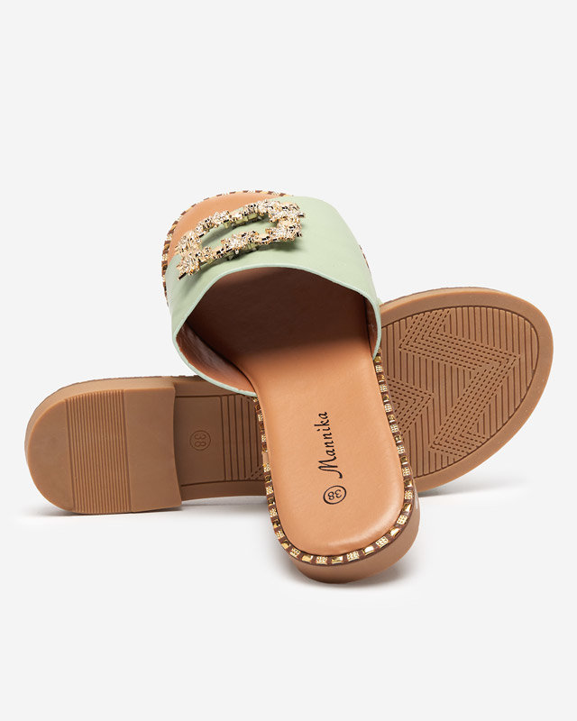 OUTLET Green elegant women's slippers with golden ornament Meriso - Footwear