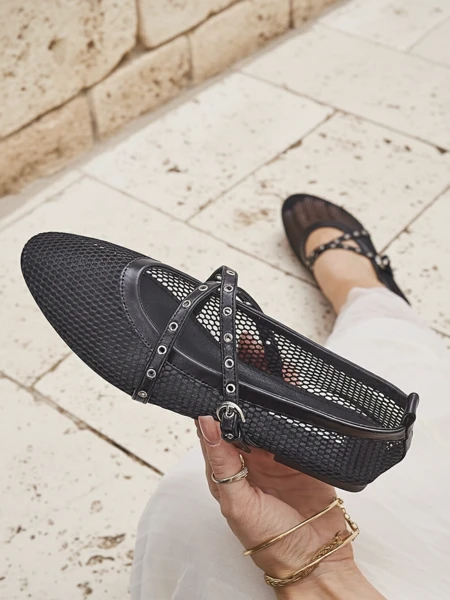 Baleriny Royalfashion Arethusa Nero z siateczki na obcasie płaskim