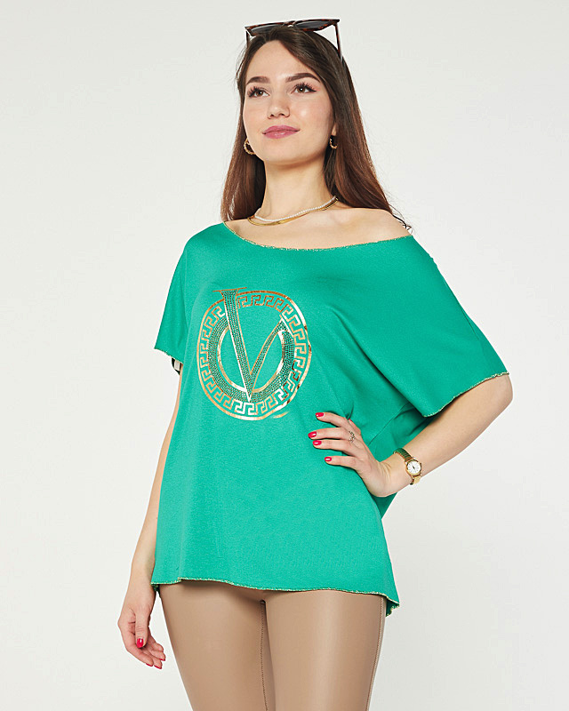 Zaļa sieviešu blūze ar apdruku un kubisko cirkoniju - Apģērbs