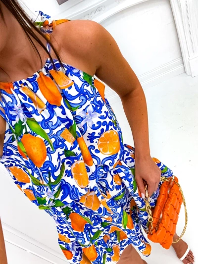 Royalfashion Women's mini strappy dress with a waist tie featuring trendy orange prints