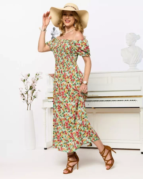Green women's midi dress with floral pattern- Clothing