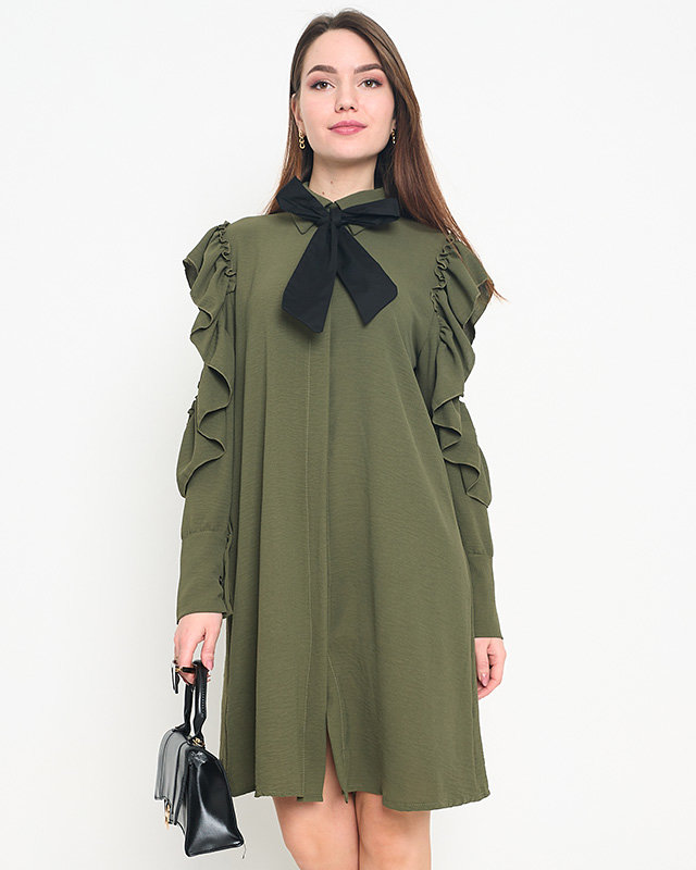 Dark green shirt style dress with ruffles and bow - Clothing