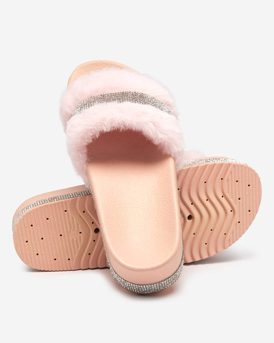 Pink women's slippers with fur and cubic zirconia Zerika - Footwear