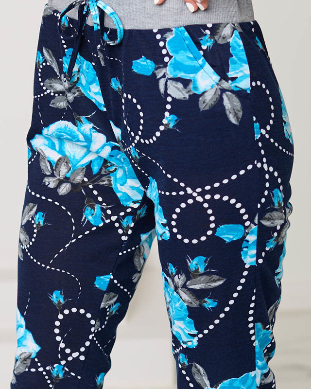 Navy blue women's 3/4 length shorts with blue flowers PLUS SIZE - Clothing