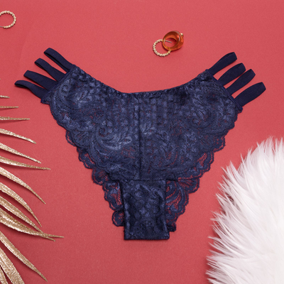 Navy blue lace women's panties, brasilian type with stripes - Underwear