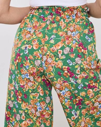 Women's green palazzo pants with orange flowers- Clothing