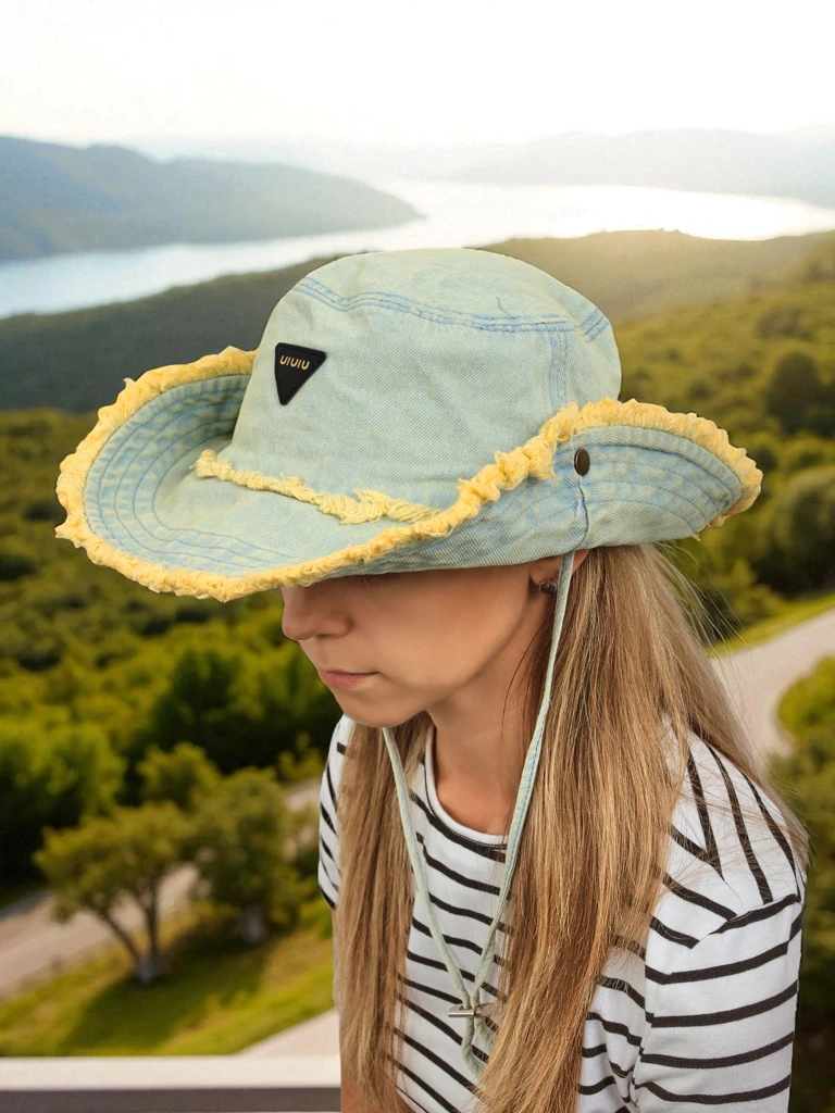 Aristea women's sun hat pastel denim with yellow boho trim