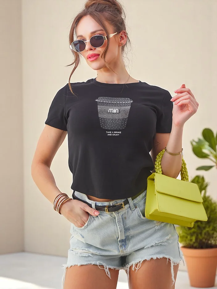 Royalfashion Sieviešu kokvilnas T-krekls ar rhinestone apdruku