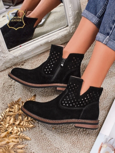 Aurelia Nero suede openwork women's ankle boots flat heel 3cm