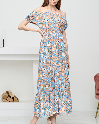 Long orange summer dress for women with blue flowers - Clothing